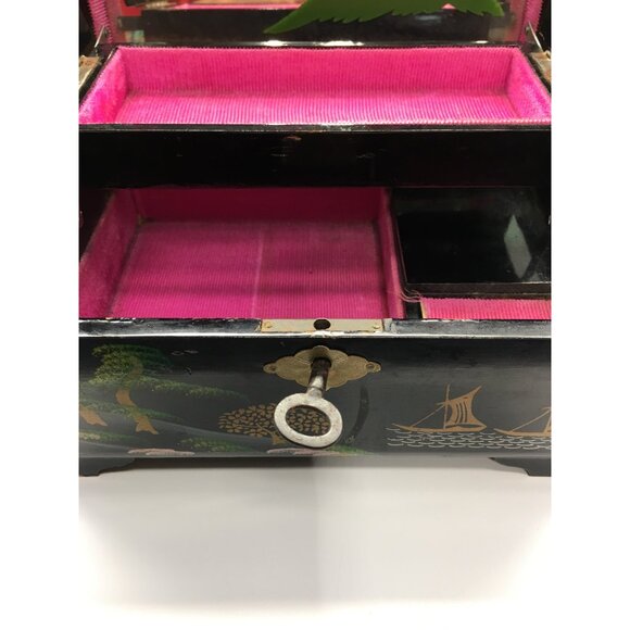 Vintage Japanese Lacquered Music Jewelry Box with Key Black 1950s - Sound Works - Picture 10 of 16